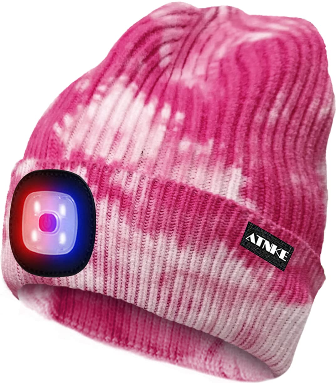 ATNKE LED Beleuchtete Mütze,Wiederaufladbare USB 4 LED Rot und Blau Leuchten Blinkender Laufmütze mit Licht Extrem Heller Lampe Winter Warme für Herren und Damen Geschenke