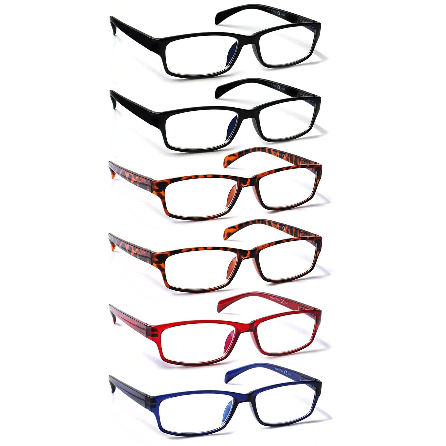 COJWIS Lesebrille 6 Pack herren und Damen Qualität Feder Scharnier Blaulichtfilter Leser Brille(6 Farbe Mischen-1, 2.00)