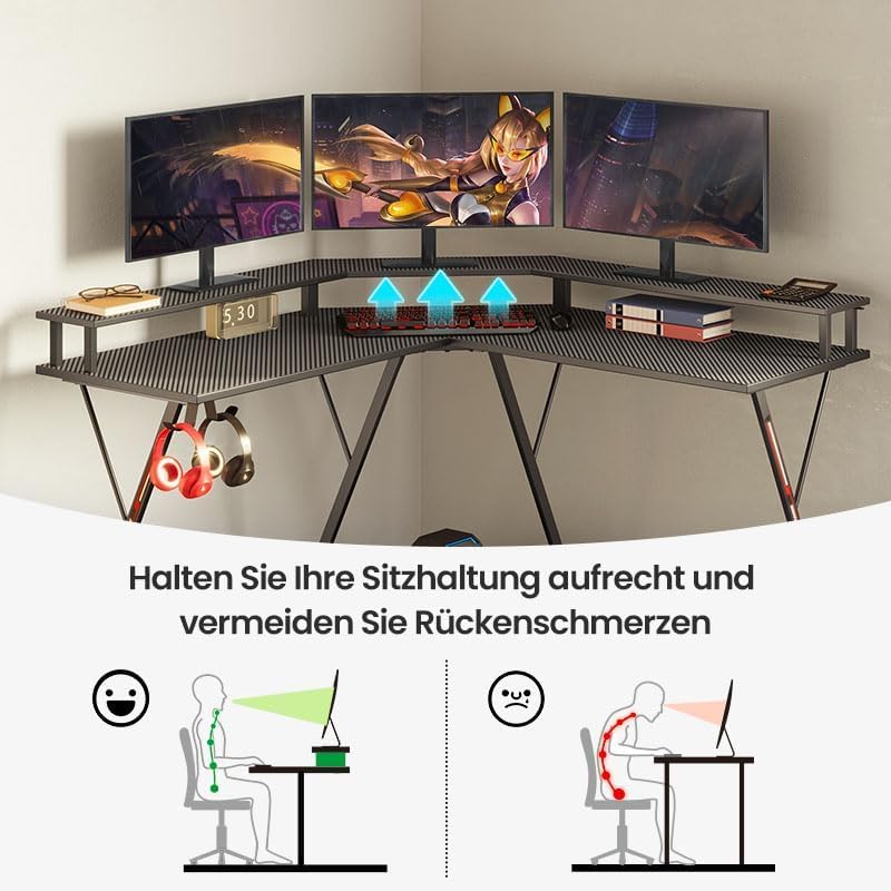 SEVEN WARRIOR Gaming Tisch, Schreibtisch mit LED, Steckdosen, Eckschreibtisch mit Monitorständer, 2 Haken, Ergonomischer Computertisch L Form, 127cm