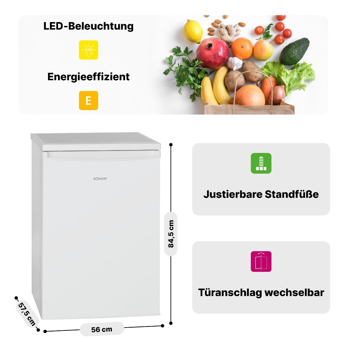 Bomann® refrigerator without freezer compartment with 133L usable capacity | 3 shelves | small with vegetable compartment & changeable door hinge | quiet table refrigerator | H: 84.5 x W: 56 x D: 57.5cm | VS 2185.1 inox