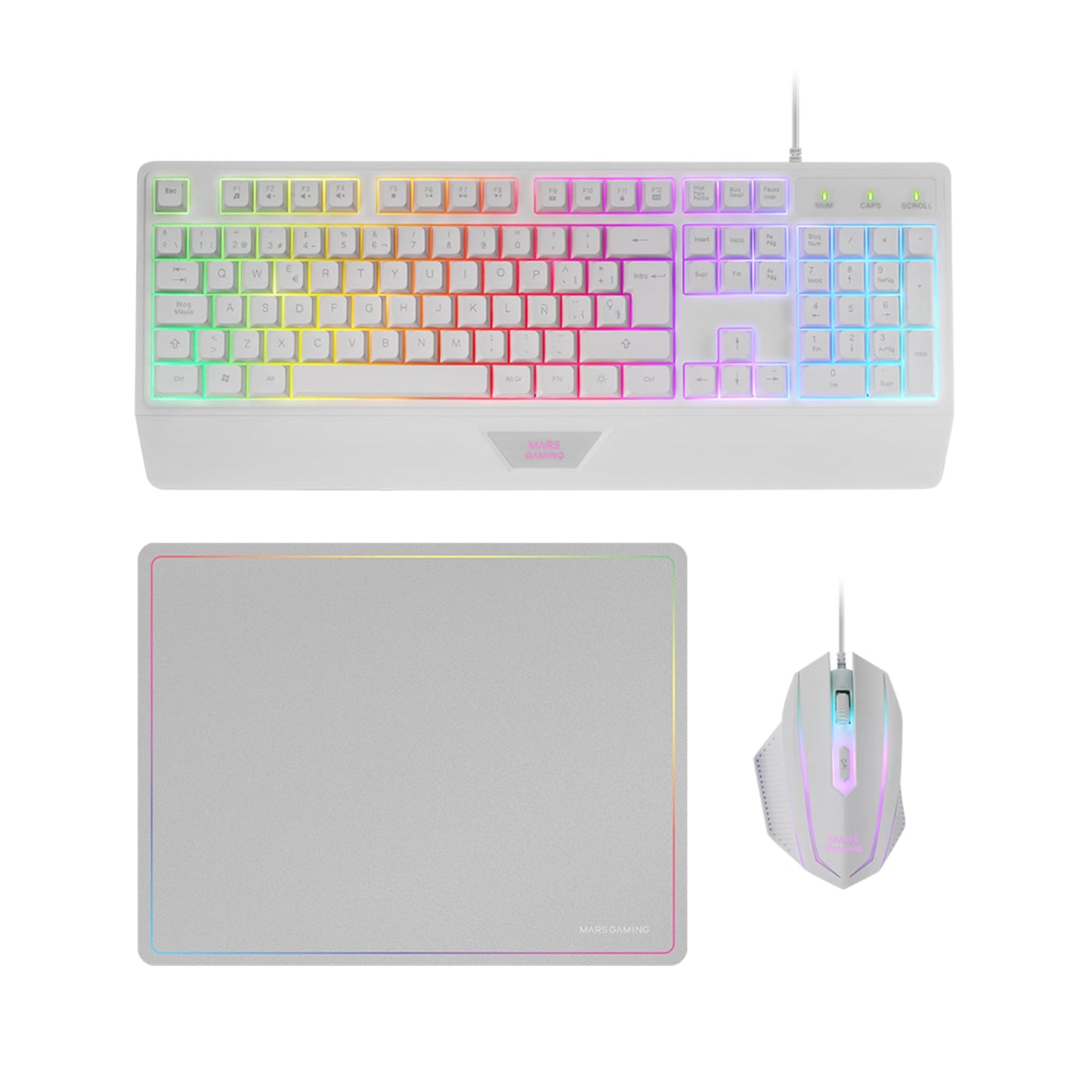 MARSGAMING MCP-RGB3, Pack Gaming Keyboard Fixed RGB + Gaming Mouse RGB Flow 3200 DPI + Headset Over-Ear RGB + XXL Mouse Pad, White, Portuguese Language