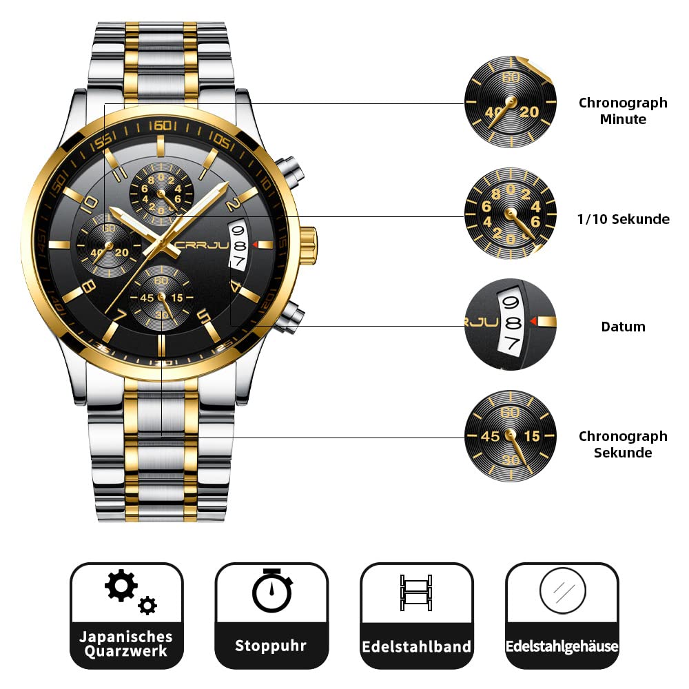 CRRJU Herren Uhr Business Edelstahl wasserdichte Chronographen mit Kalender Armbanduhr Edelstahlband Stoppuhr Analog Quarzuhr