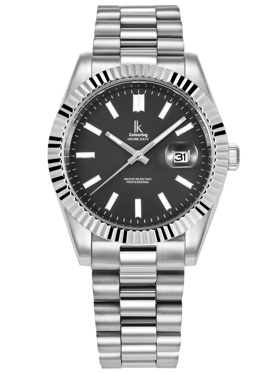 Alienwork IK Armbanduhr Herren Damen Kalender Metall-Armband