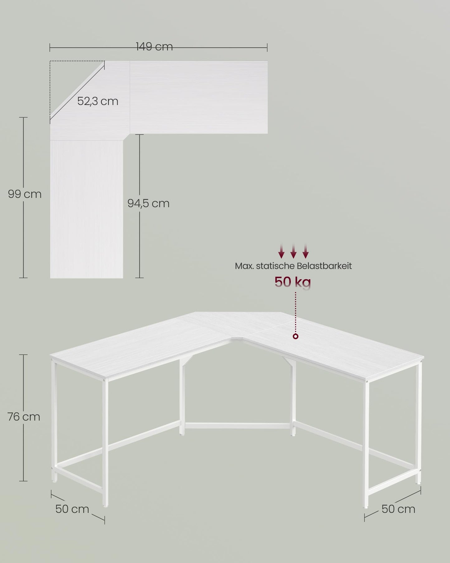 VASAGLE L-Shaped Desk Gaming Table 149 x 149 x 76 cm Corner Desk for Study Home Office Space Saving Easy Assembly Ebony Black Ink Black LWD073B56