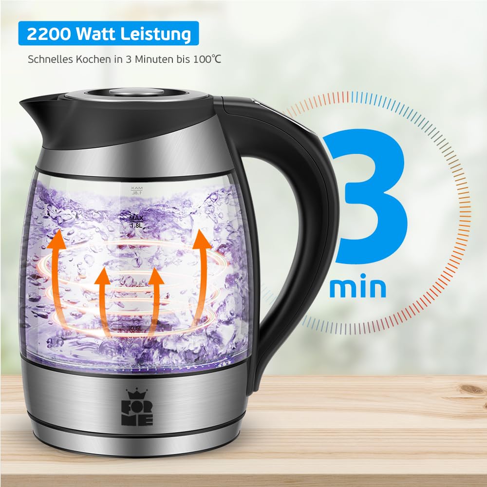 ForMe Glas Wasserkocher 1,8 Temperatureinstellung Temperaturwahl 40°C-100°C Farbwechsel LED I BPA FREI I Temperatur Einstellbar Teekocher Glaskessel Teekessel Glaswasserkocher mit Warmhaltefunktion