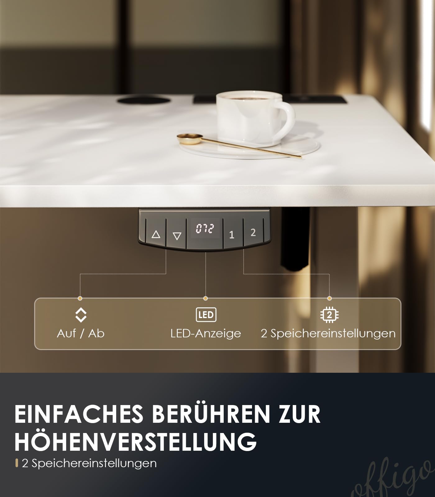 OffiGo Höhenverstellbarer Schreibtisch, 180cm, Elektrischer Schreibtisch mit USB, Schreibtisch Höhenverstellbar mit 2 Memory Funktion, Tisch Höhenverstellbar für Büro, Zuhause, Gaming, Schwarz