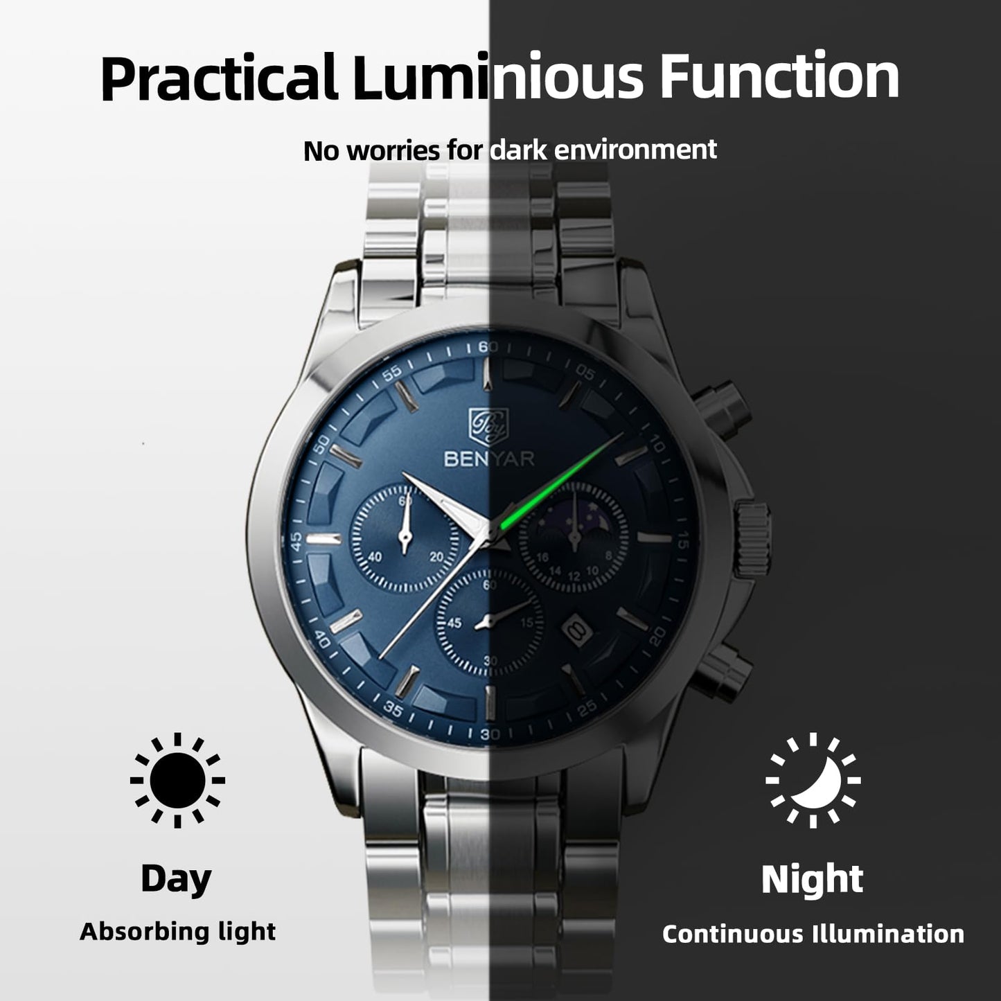 BY BENYAR Uhren Herren Chronograph Analog Quarz Wasserdicht Armbanduhr Herren Mode Lässig Business Herrenuhr mit Kalender Lederarmband/Edelstahlarmband Uhr Geschenk für Männer