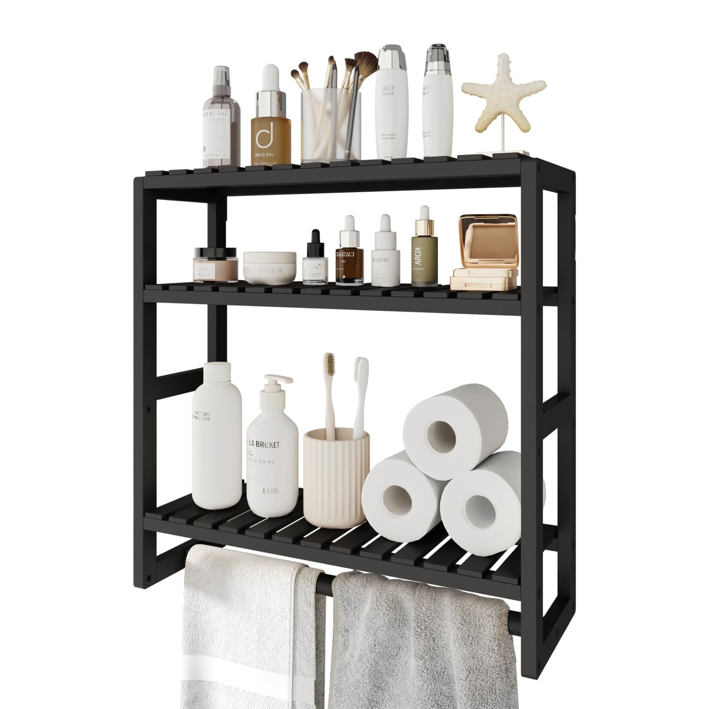 Bamworld Badezimmer Regal Badmöbel Bambus 3 Etagen Organizer Badezimmermöbel Für die Wand Platzsparend Modern (Schwarz)(42x15x42cm)