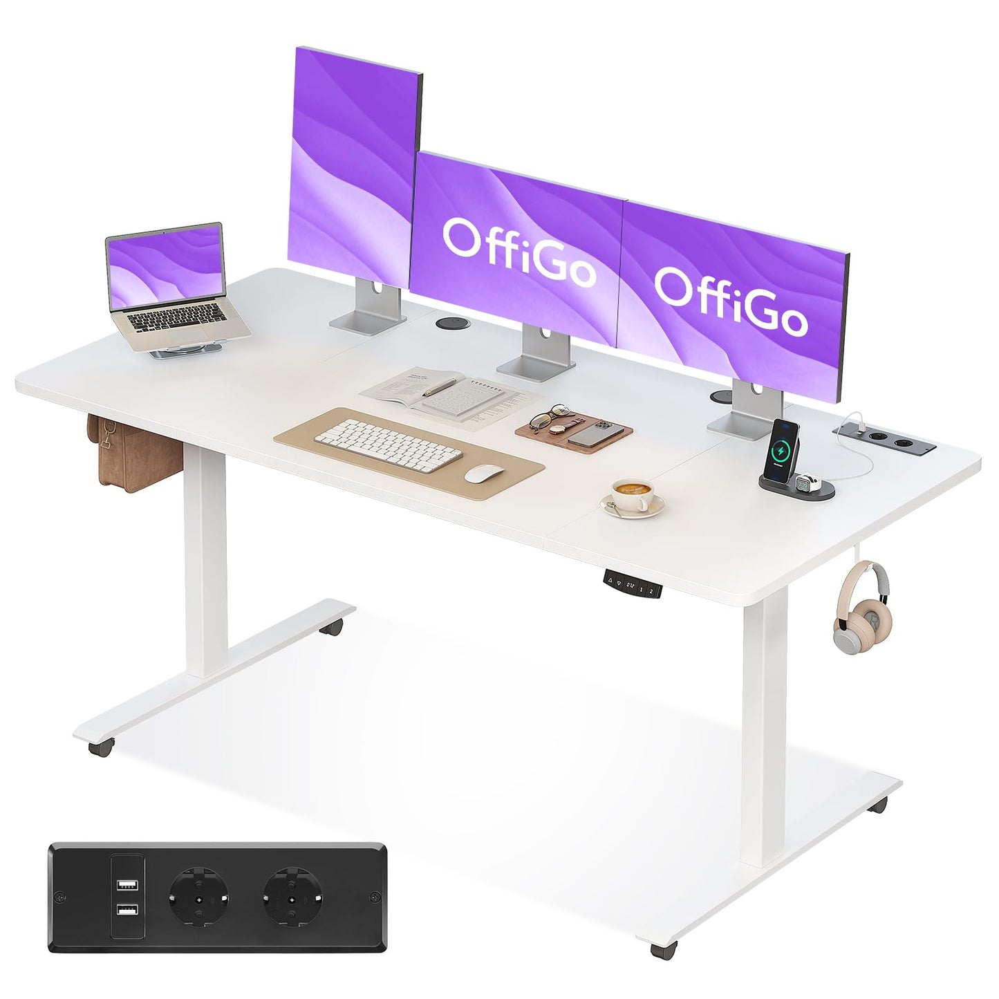 OffiGo Höhenverstellbarer Schreibtisch, 180cm, Elektrischer Schreibtisch mit USB, Schreibtisch Höhenverstellbar mit 2 Memory Funktion, Tisch Höhenverstellbar für Büro, Zuhause, Gaming, Schwarz
