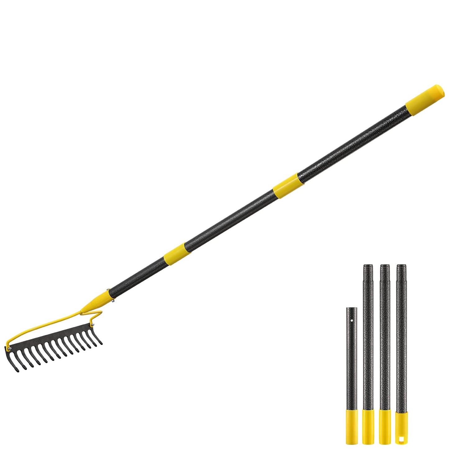 Gartenrechen mit 14 Zähnen, Gartenrechen mit Griff 183 cm, verstellbare Länge 86 cm/152 cm/167 cm/183 cm