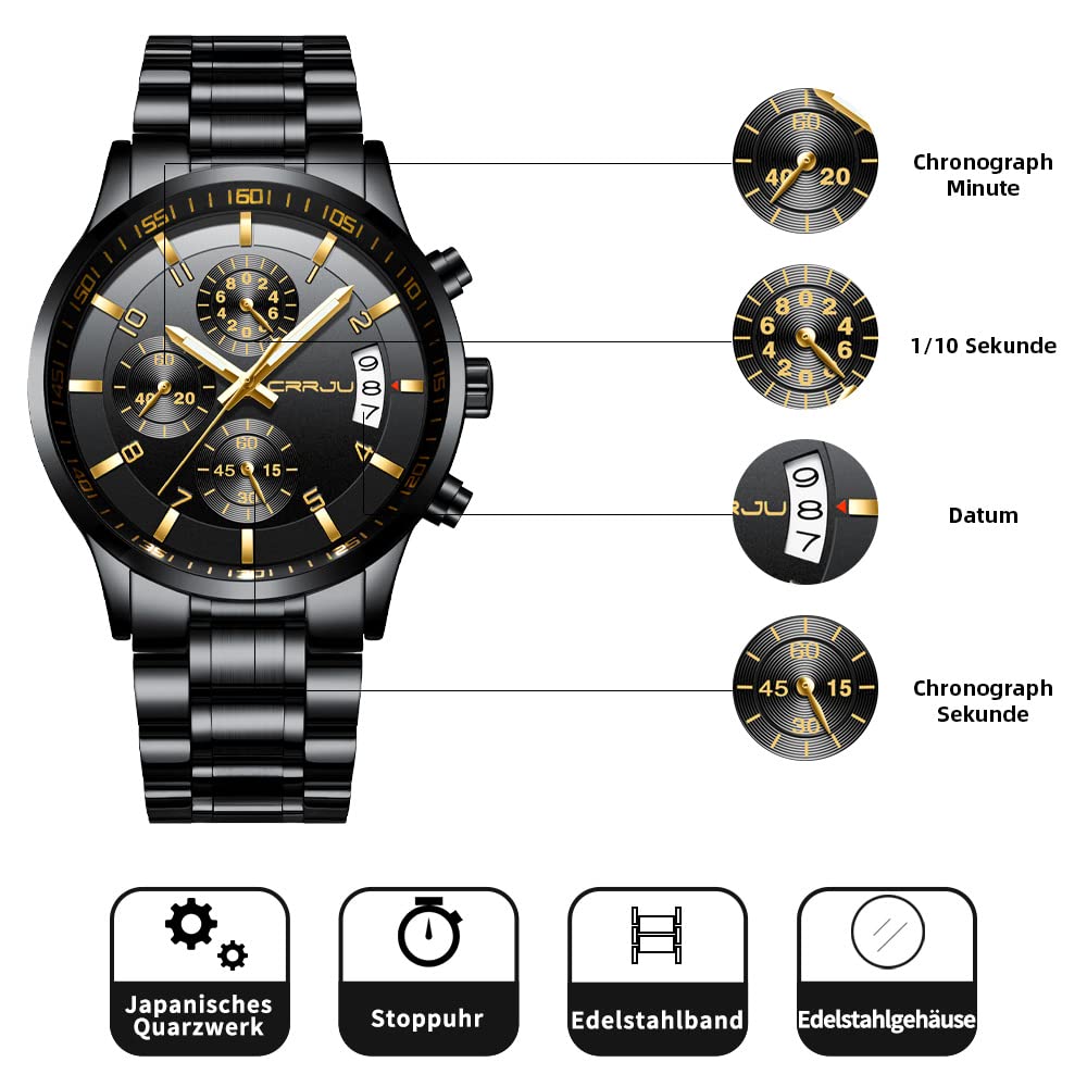 CRRJU Herren Uhr Business Edelstahl wasserdichte Chronographen mit Kalender Armbanduhr Edelstahlband Stoppuhr Analog Quarzuhr