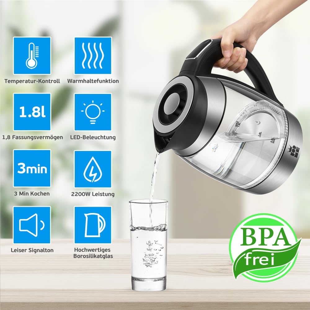 ForMe Glas Wasserkocher 1,8 Temperatureinstellung Temperaturwahl 40°C-100°C Farbwechsel LED I BPA FREI I Temperatur Einstellbar Teekocher Glaskessel Teekessel Glaswasserkocher mit Warmhaltefunktion