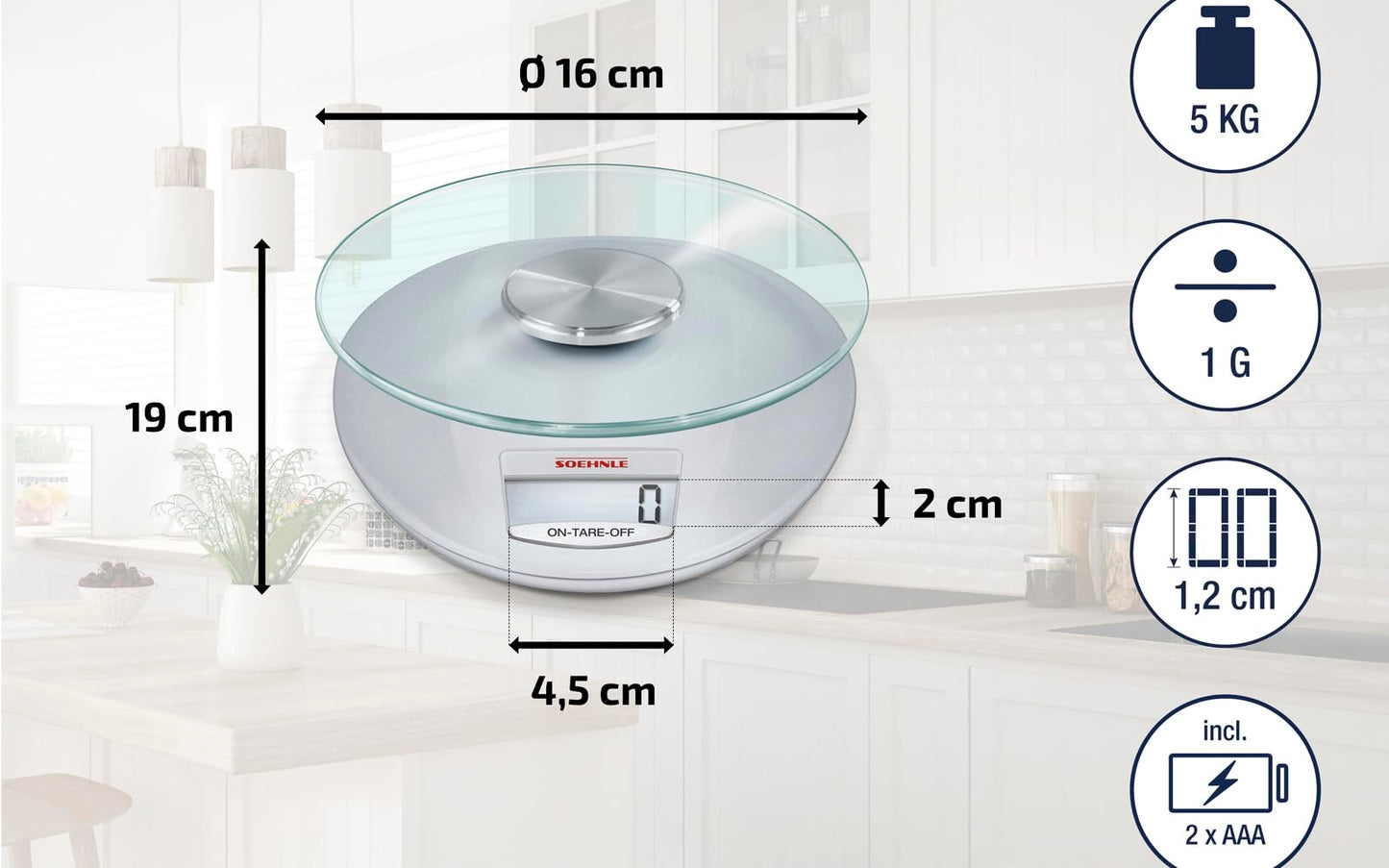 Soehnle Küchenwaage Roma mit 5 kg Tragkraft und 1-g-Wiegepräzision, Küchenwaage digital mit praktischer Zuwiegefunktion (TARA),Waage für die Küche mit LCD-Anzeige und Abschaltautomatik, silber