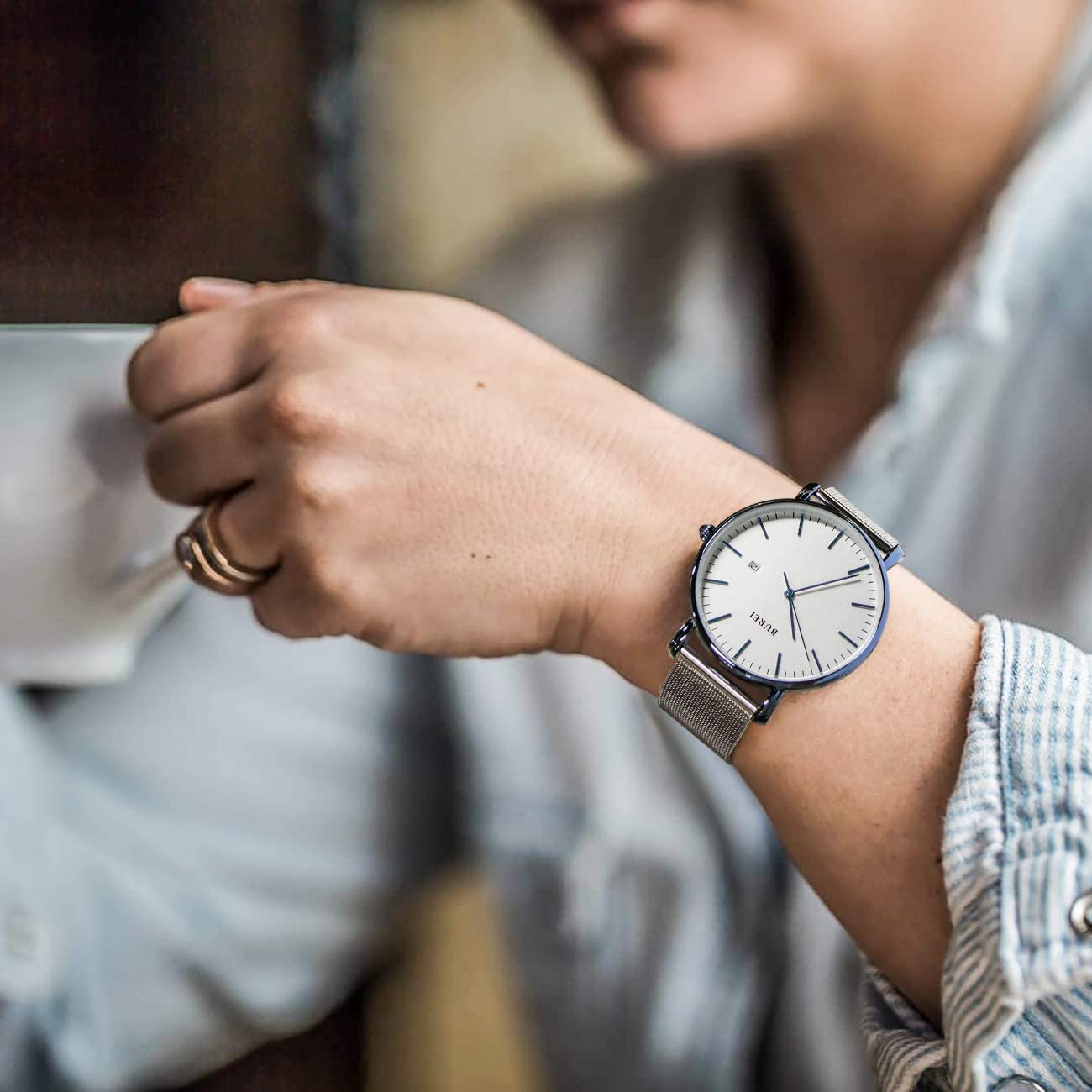 BUREI Ultra Dünne Uhren Herren Schwarze Analoges Datum Armbanduhr Herren mit Japanisches Quarzwerk, Geschenke für Männer