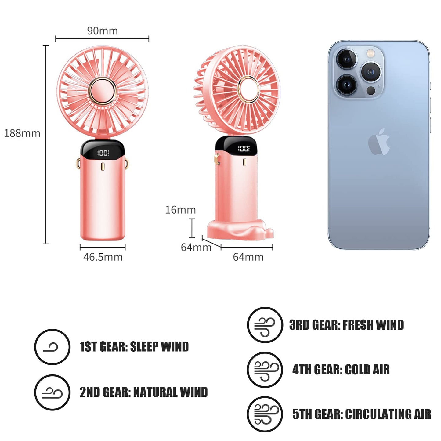 Jsdoin Handventilator, Tragbarer Mini Ventilator, Wiederaufladbar, Kleiner Taschenventilator Mit 5 Geschwindigkeitsstufen, Faltbarer USB-Ventilator für Büro, Outdoor (Dunkelblau)