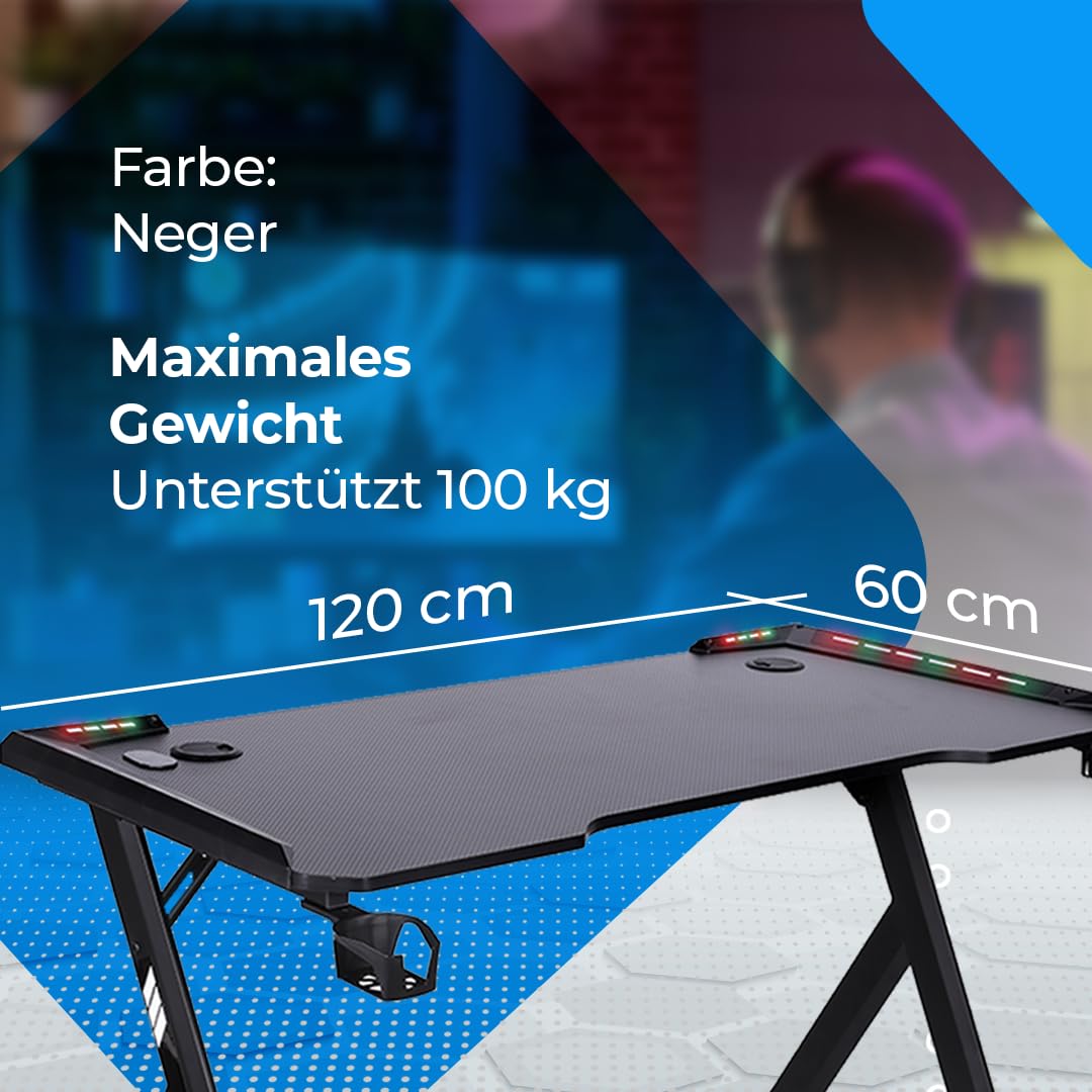 NK Gaming Schreibtisch LED (120X60cm) - Becher- und Flaschenhalter, Kopfhörerhalterung, Kabelmanagement, Gaming-Schreibtisch, Tischplatte 1.5cm (Belastbarkeit) Maximal Unterstütztes Gewicht 100kg