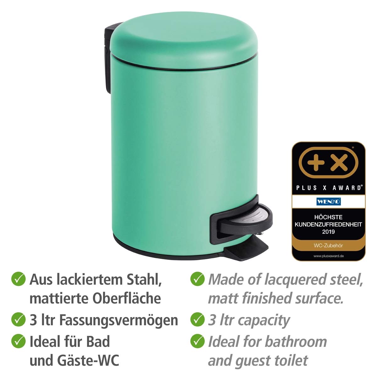 WENKO Treteimer Mod. Leman 3 Liter mit herausnehmbarem Einsatz aus lackiertem Stahl ideal für Badezimmer oder Küche 17 x 25 x 22,5 cm Schwarz matt