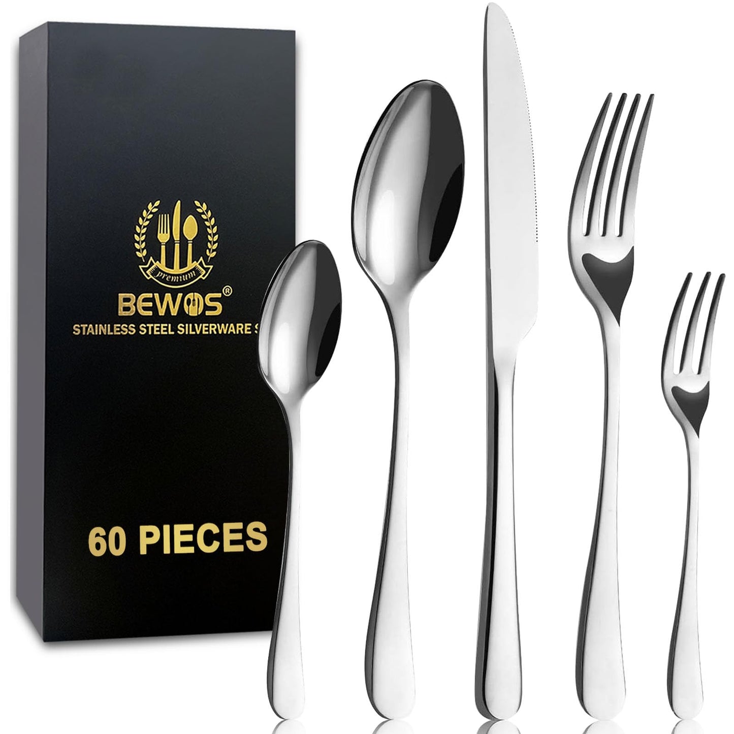BEWOS Besteck Set für 6 Personen, 30 teilig Essbesteck Set inkl. Messer, Gabel, Löffel, Besteck Edelstahl Spiegelpoliert, Spülmaschinenfest