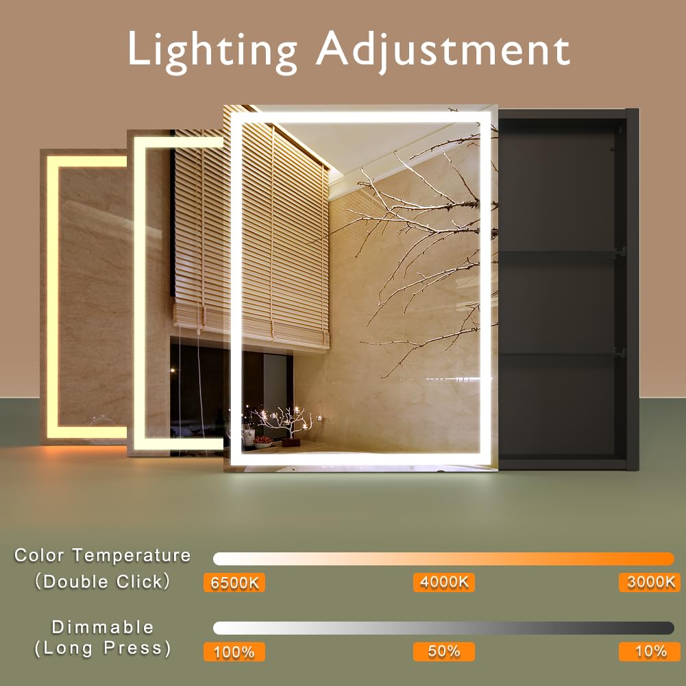 KWW LED Beleuchtetes Badezimmer Medizin Kabinett mit Spiegel, Farbtemperatur Einstellbar, Anti-Nebel Dimmbare Lichter, Steckdosen für USBs (80 x 70 cm)