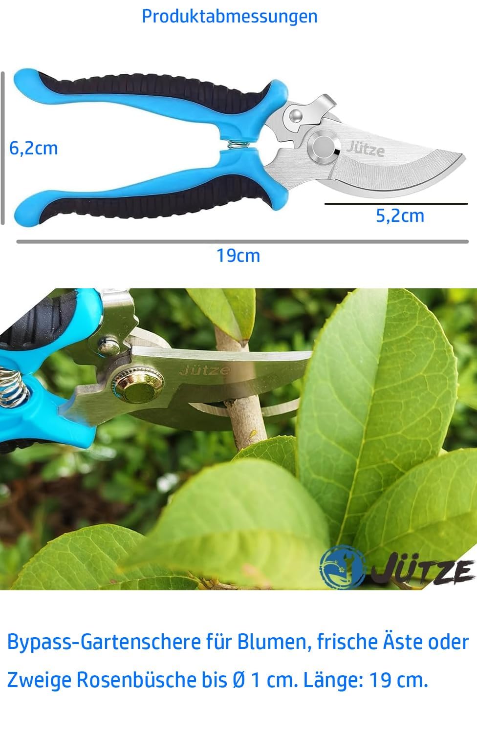 Jütze® Gartenschere für Sträucher und Blumen mit Rutschfester Griff & Edelstahl-Klinge, Leicht & Ergonomisch Rosenschere, Sicher mit Klingensperre, Beidhändig bedienbar, Länge 19cm