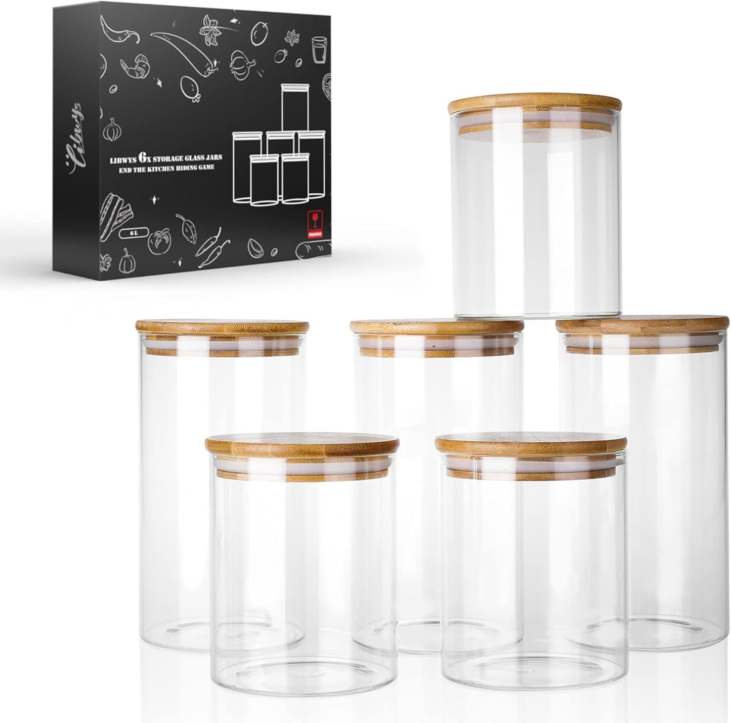 LIBWYS 12er Set Vorratsgläser mit Deckel Eckig Vorratsdose Glas - in 3 Größen: 720ml;1150 ml; 1580 ml - 12pcs Plus Edition