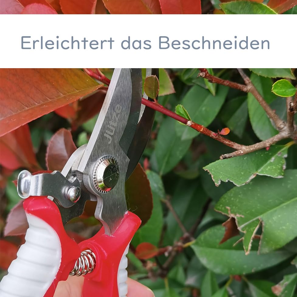 Jütze® Gartenschere für Sträucher und Blumen mit Rutschfester Griff & Edelstahl-Klinge, Leicht & Ergonomisch Rosenschere, Sicher mit Klingensperre, Beidhändig bedienbar, Länge 19cm