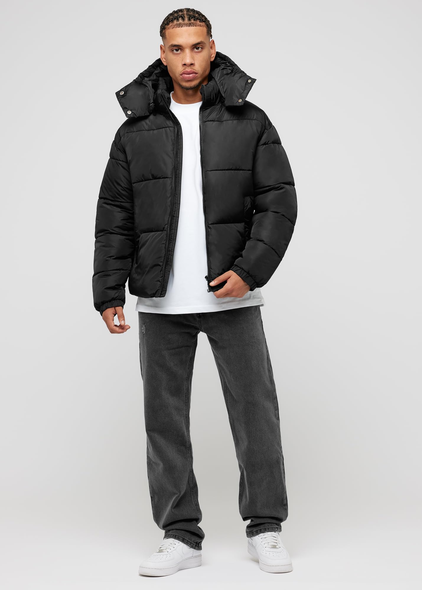 Burocs Hooded Puffer Jacket - Black - Jacke Herren - 2-Wege-Reißverschluss - abnehmbare Kapuze - Logo am Rücken - Kordelzug