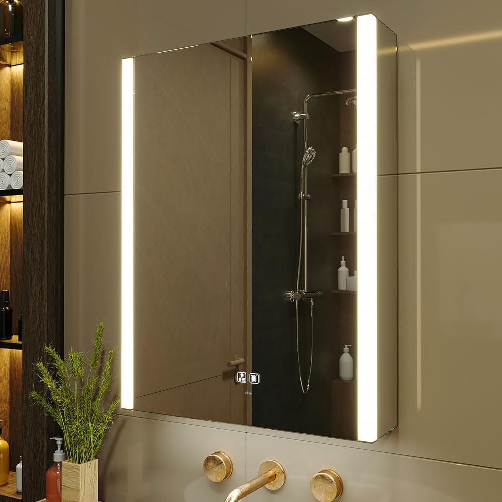 KWW LED Beleuchtetes Badezimmer Medizin Kabinett mit Spiegel, Farbtemperatur Einstellbar, Anti-Nebel Dimmbare Lichter, Steckdosen für USBs (80 x 70 cm)