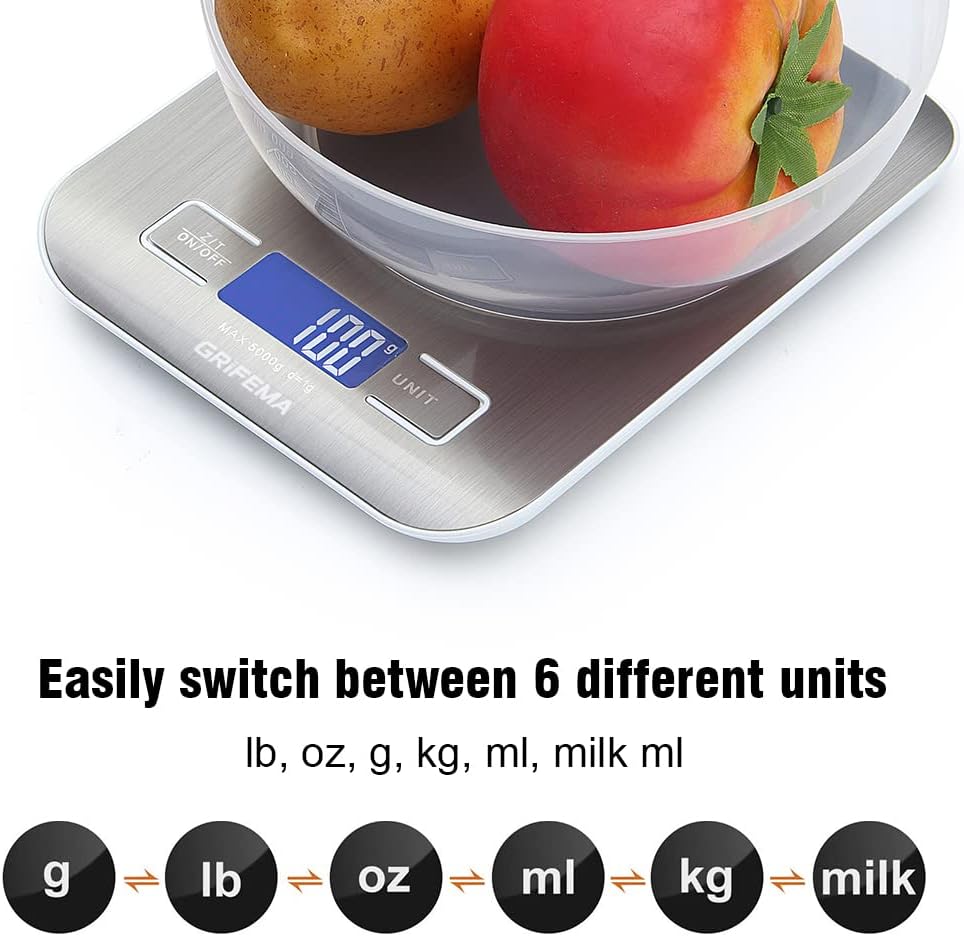 GRIFEMA Küchenwaage Edelstahl, Hochpräzise 1g-5000g Digitalwaage mit LCD Display, Tara-Funktion, 6 Maßeinheiten, Batterien inklusive, Blau