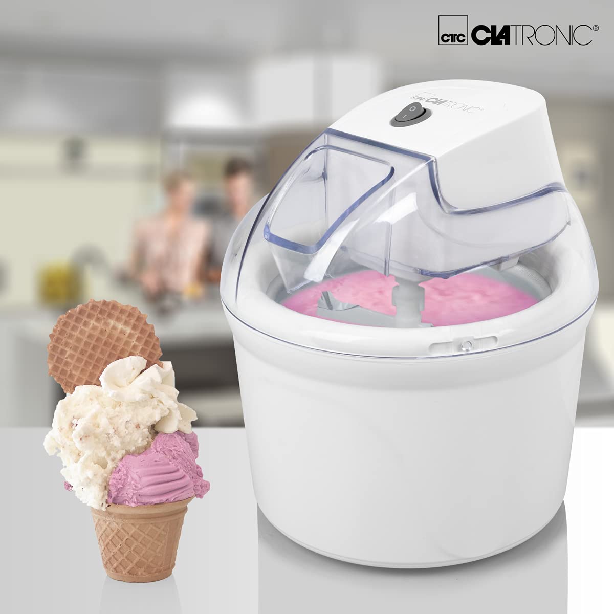 Clatronic Eismaschine | bis zu 1500 ml | Sorbet, Eiscreme, Frozen Joghurt | Zubereitungszeit: 20-40 Minuten | Inkl. Rezeptvorschläge | Nachfüllöffnung | Speiseeisbereiter mit Kältespeicher | ICM 3764