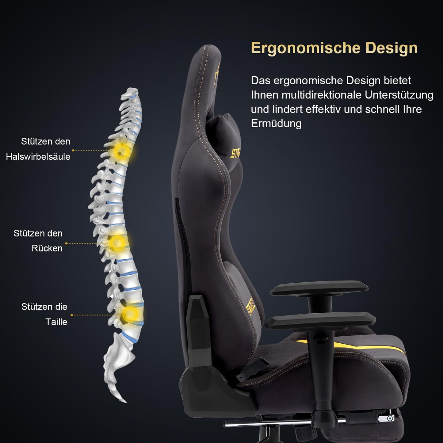 STARUZI Gaming Stuhl aus Wildlederimitat Stoff, Ergonomischer PC Stuhl, Gamer Stuhl mit Fußstütze, Atmungsaktiver Game Drehsessel mit Verstellbare Armlehne, Grau-Grün