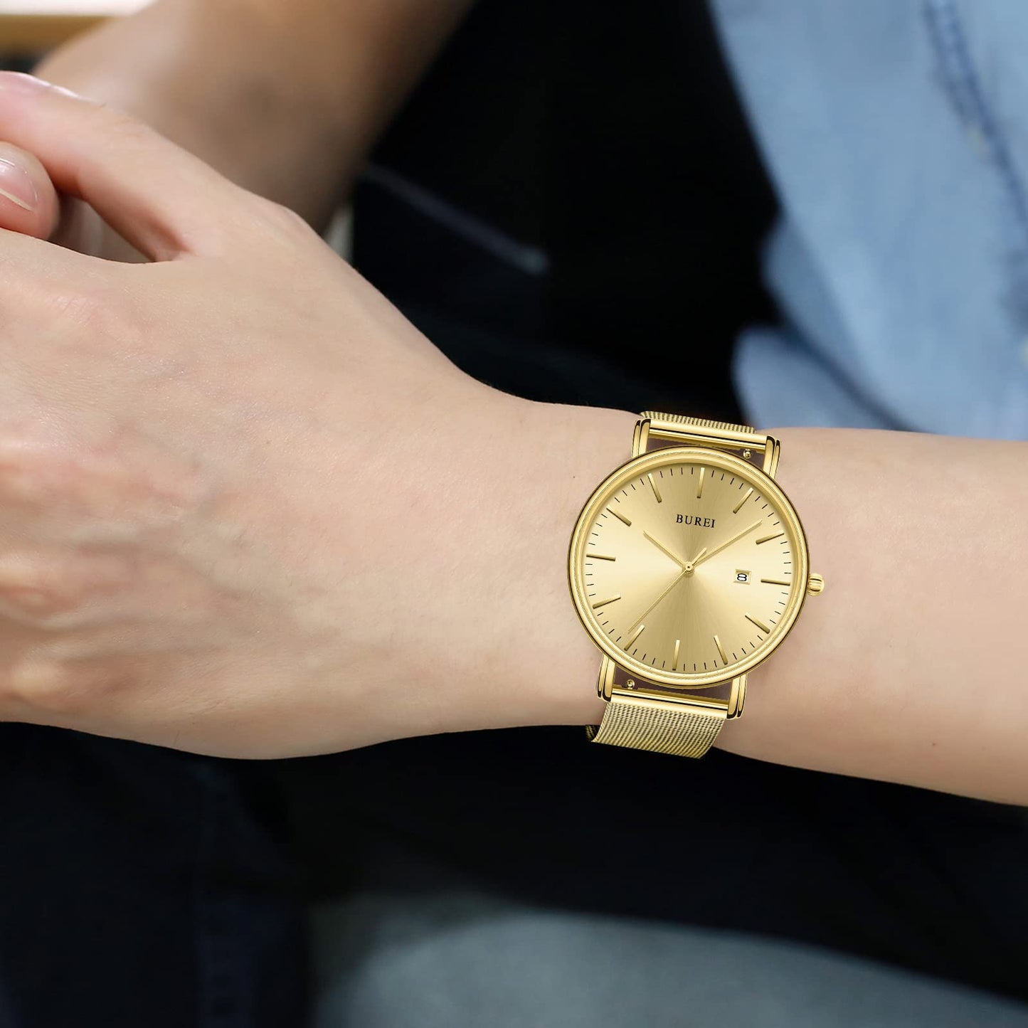 BUREI Ultra Dünne Uhren Herren Schwarze Analoges Datum Armbanduhr Herren mit Japanisches Quarzwerk, Geschenke für Männer