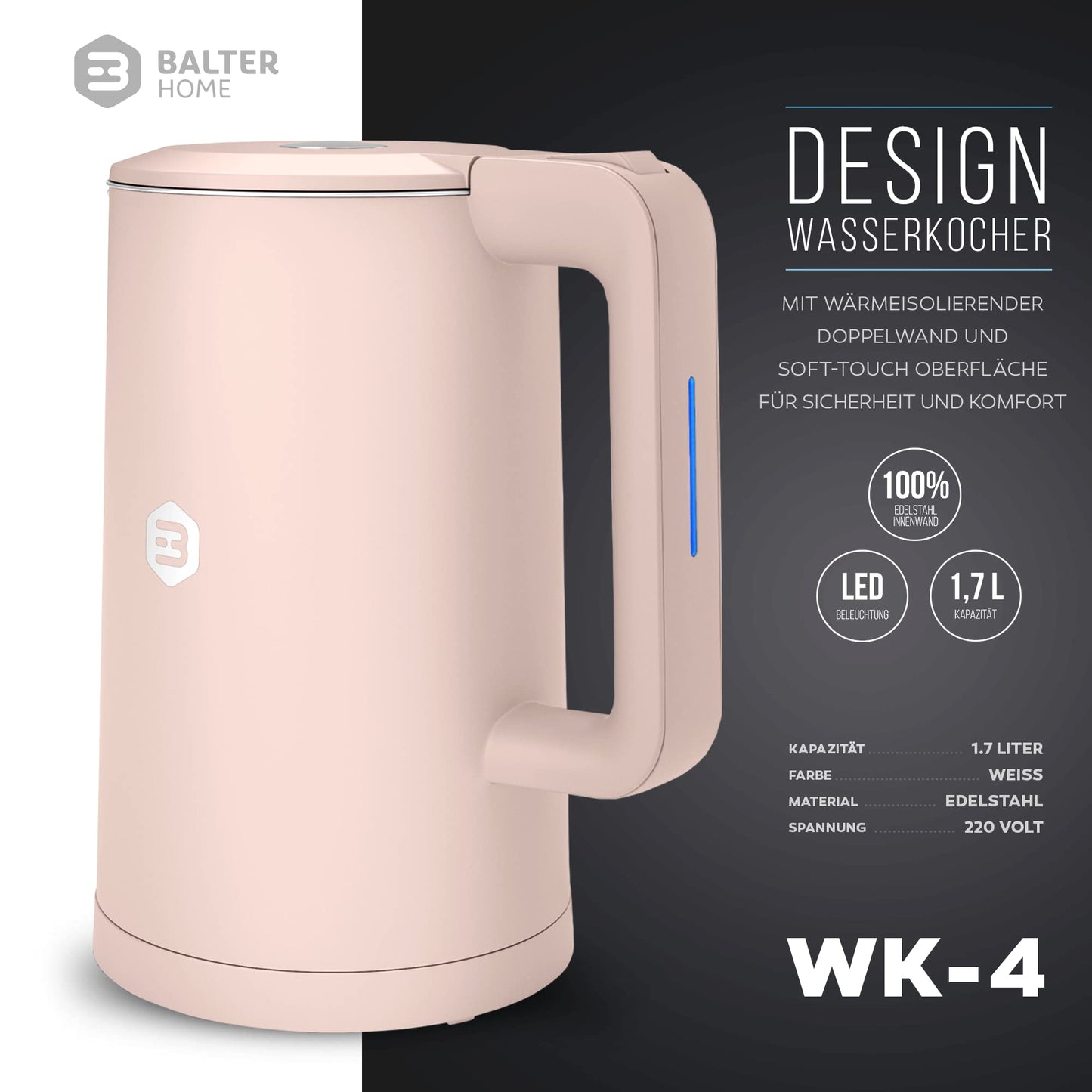 Balter Wasserkocher Edelstahl WK-4, 1,7 Liter, elektrischer Wasserkocher, Doppelwand Design, BPA frei, LED, Teekocher Kompakt, leise (Schwarz)