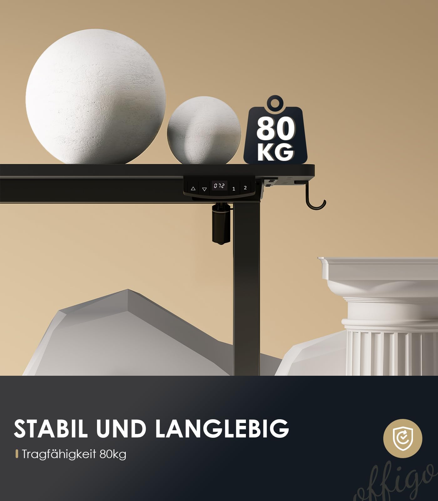 OffiGo Höhenverstellbarer Schreibtisch, 180cm, Elektrischer Schreibtisch mit USB, Schreibtisch Höhenverstellbar mit 2 Memory Funktion, Tisch Höhenverstellbar für Büro, Zuhause, Gaming, Schwarz