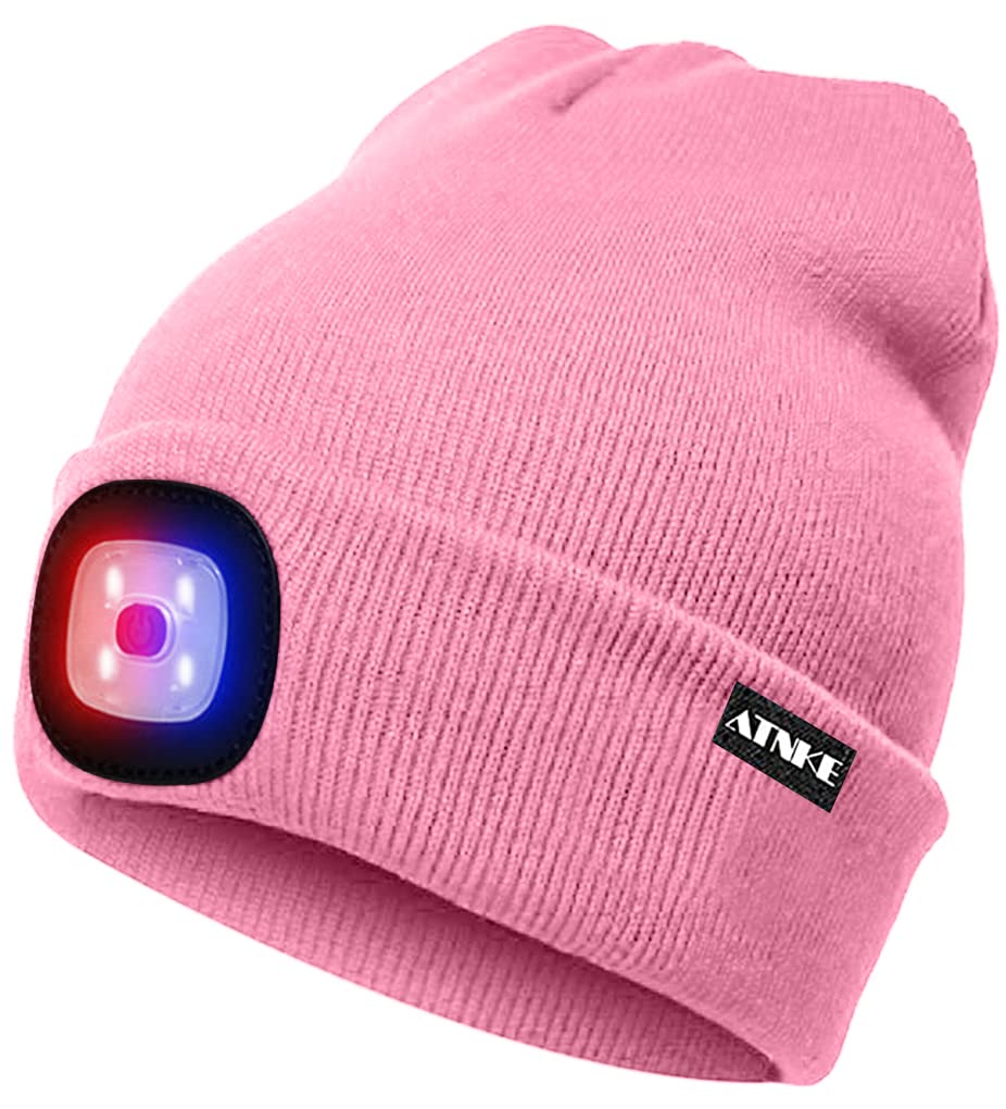 ATNKE LED Beleuchtete Mütze,Wiederaufladbare USB 4 LED Rot und Blau Leuchten Blinkender Laufmütze mit Licht Extrem Heller Lampe Winter Warme für Herren und Damen Geschenke
