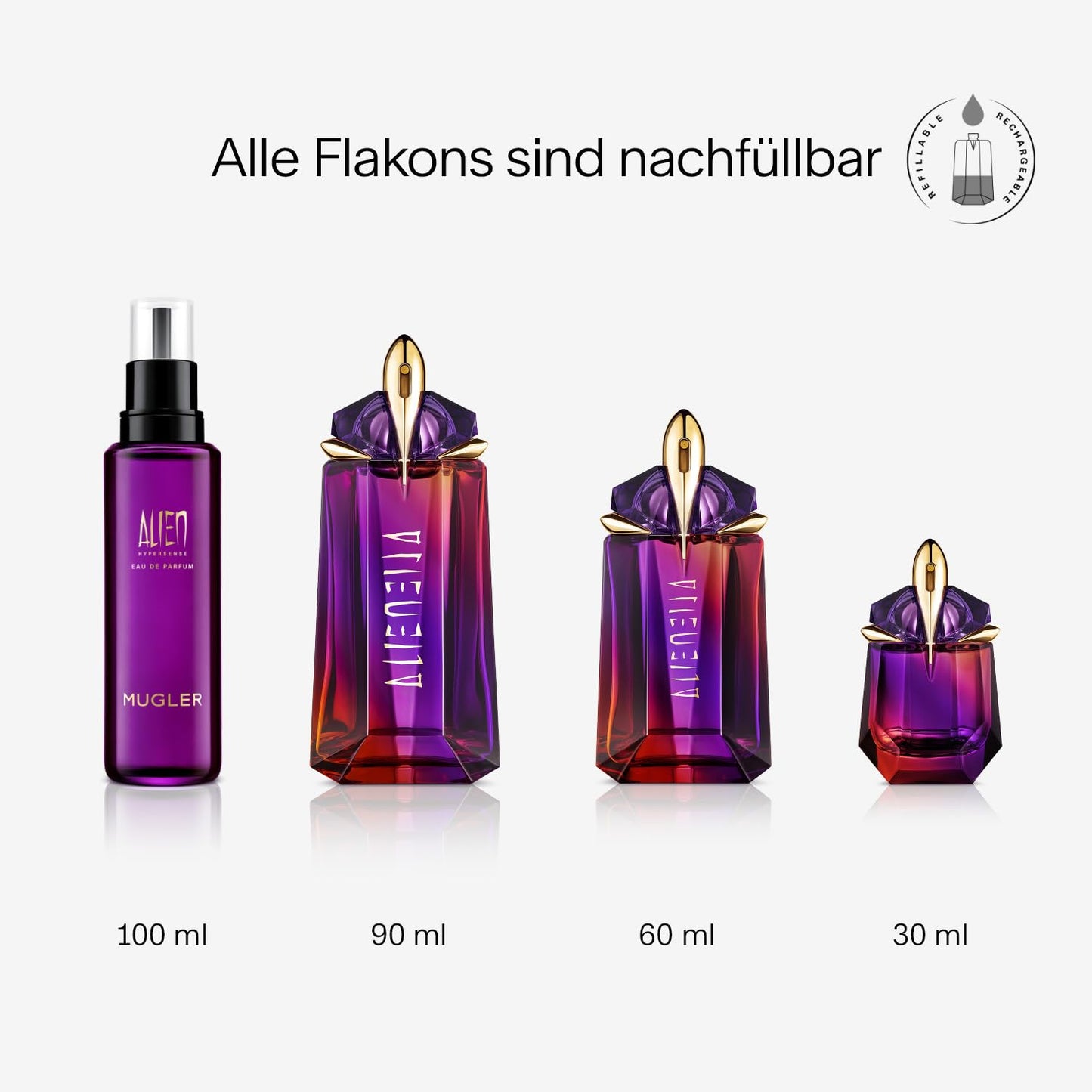 MUGLER Alien Hypersense Eau de Parfum, Damen-Parfum, Fruchtiger, holziger und blumiger Duft, Hypermodern und hyperfeminin, Nachfüllbar