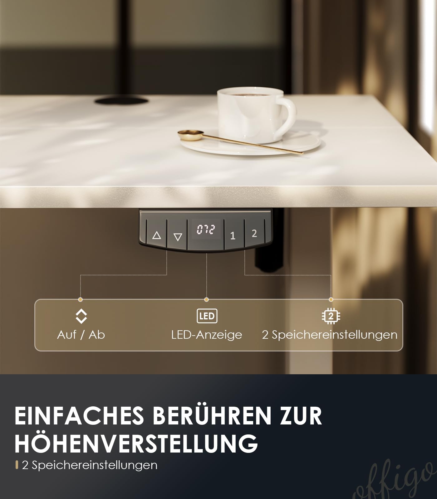 OffiGo Höhenverstellbarer Schreibtisch, 120 cm Elektrischer Schreibtisch, Ergonomischer Tisch mit Memory-Funktion, Gaming Tisch Höhenverstellbar, Moderner Computertisch für Zuhause und Büro, Weiß