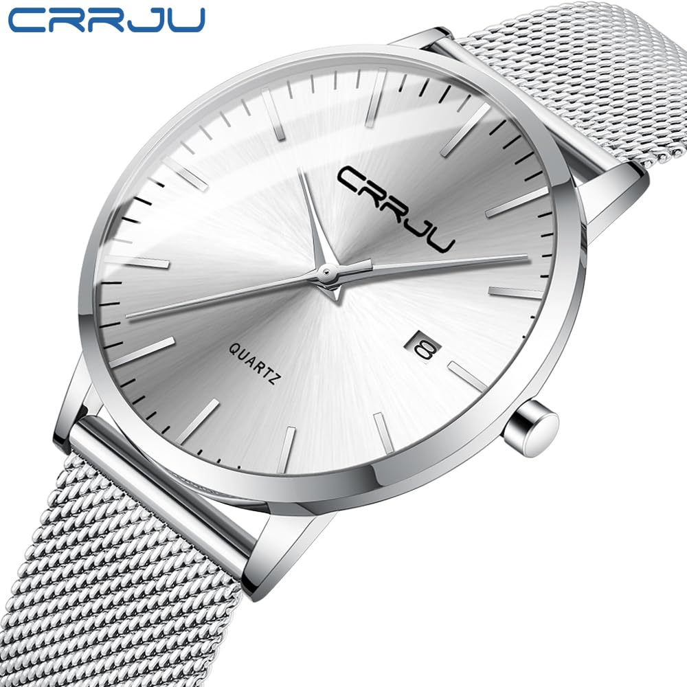 CRRJU Herren Uhr Ultra Dünne Wasserdicht Armbanduhr Herren Mode mit Schwarz Edelstahlband Mesh Analog Quarz Business Männer Uhren