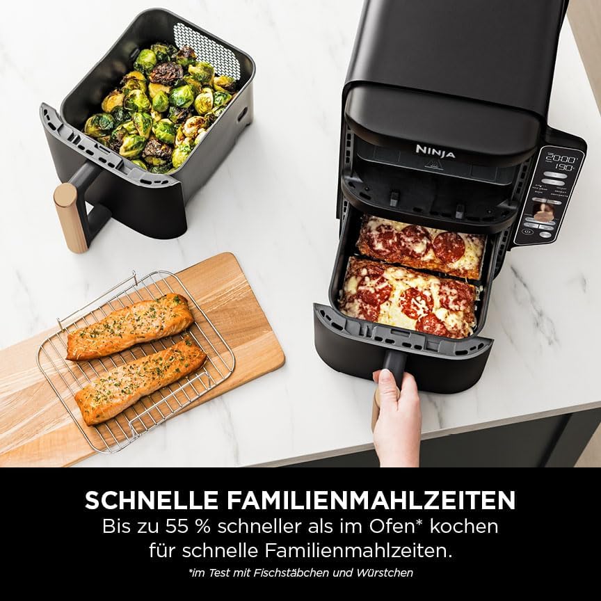 Ninja Double Stack XL Heißluftfritteuse, 2 vertikale Schubladen, 4 Kochstufen, 2 Einschübe, platzsparendes Design, 9,5 L Fassungsvermögen, 6 Funktionen, 8 Portionen, Zange, Schwarz/Kupfer SL400EUCP