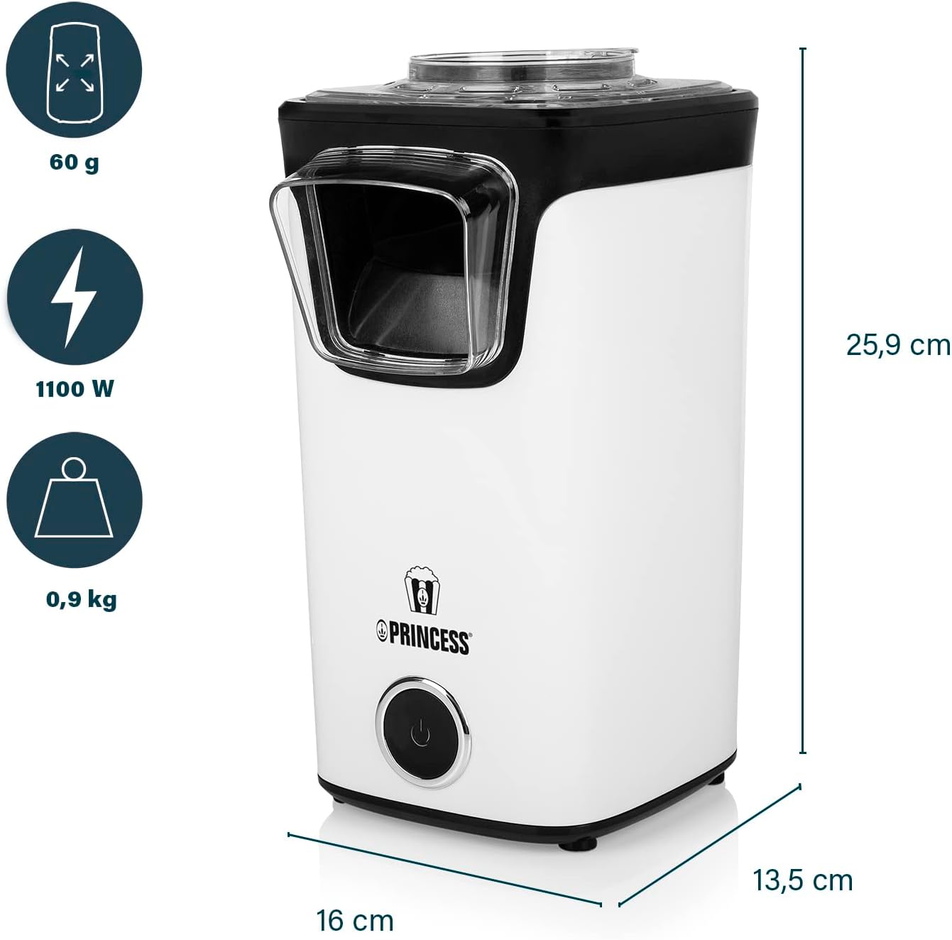 Princess Heißluft Popcornmaschine - Popcorn ohne Öl und Fett, Messlöffel, transparenter Deckel, Nachfüllöffnung, 1100 Watt, 292986