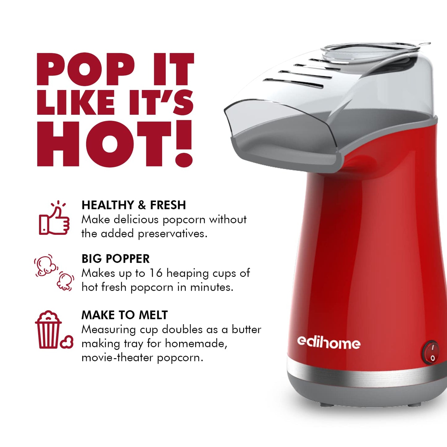 Edihome, Popcornmaschine, Popkornmaschinene, Elektrischer Popcorn Maker, 1200 W, Inklusive Dosierlöffel, Popkorn fertig in 2 Minuten, Heimkino, Series (Rot)