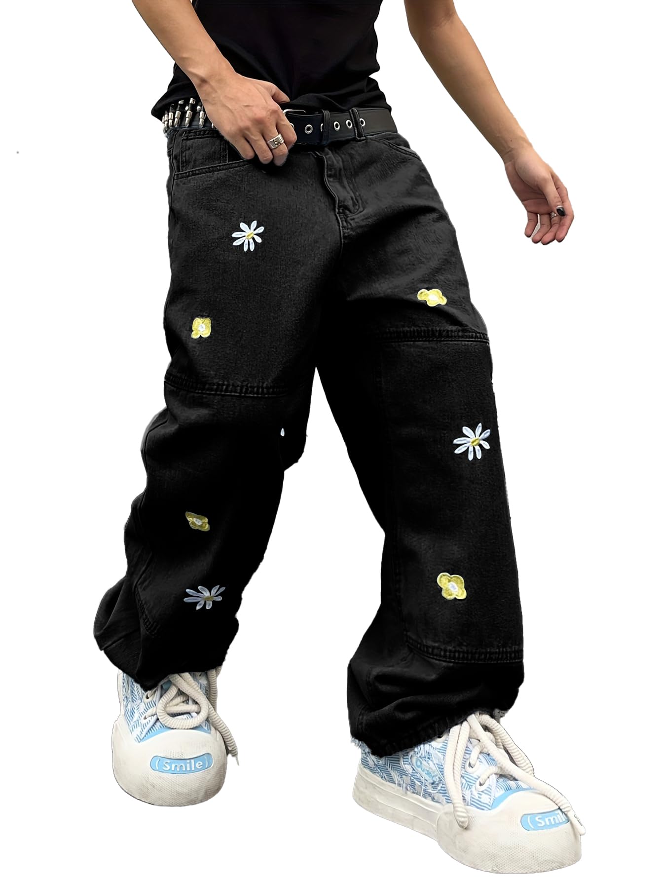 Zewool Men’s Baggy Jeans with Daisy Embroidery
