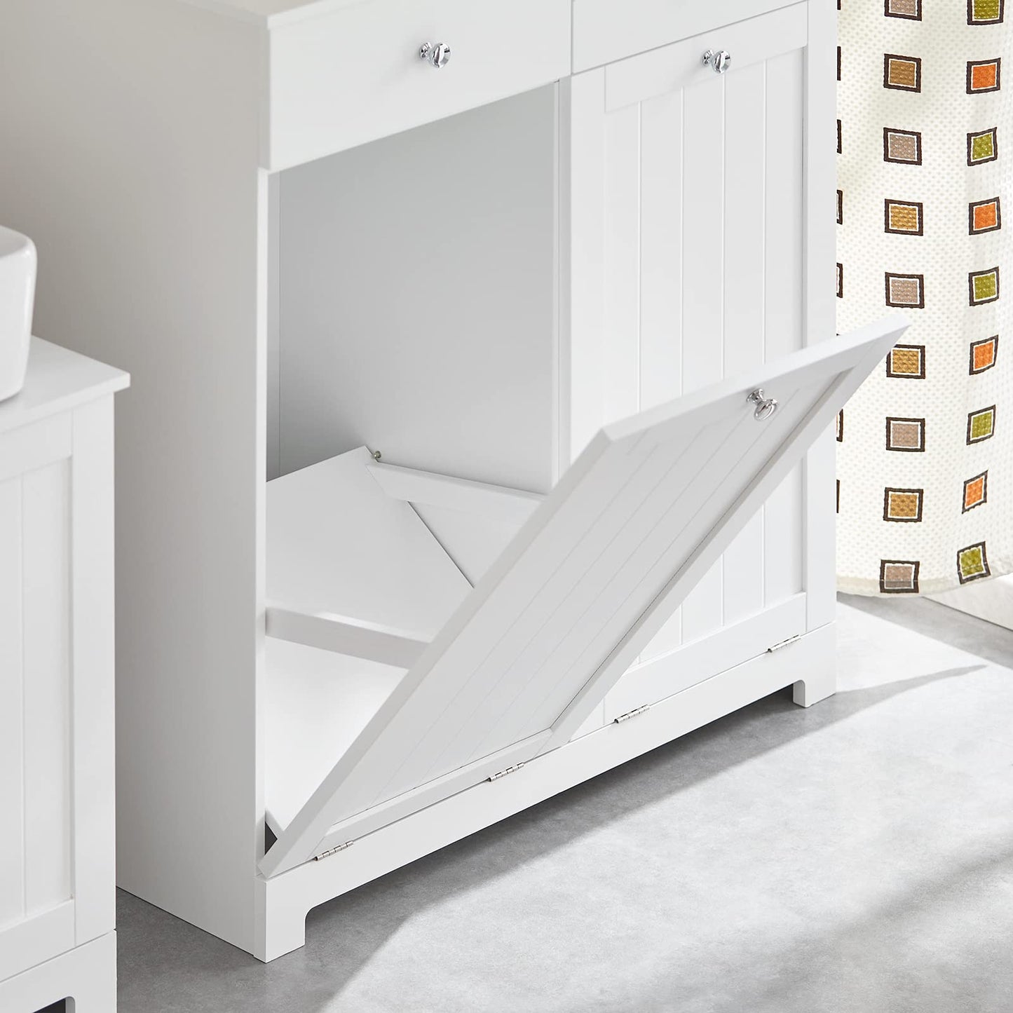 SoBuy Badezimmerschrank mit Wäschekorb Schmaler Badschrank Hoch Badregal Stehend mit 6 Ablagen und 2 Schubladen Wäscheschrank Schmal für Badezimmer Nische Weiß 60x37x171 cm BZR104-W