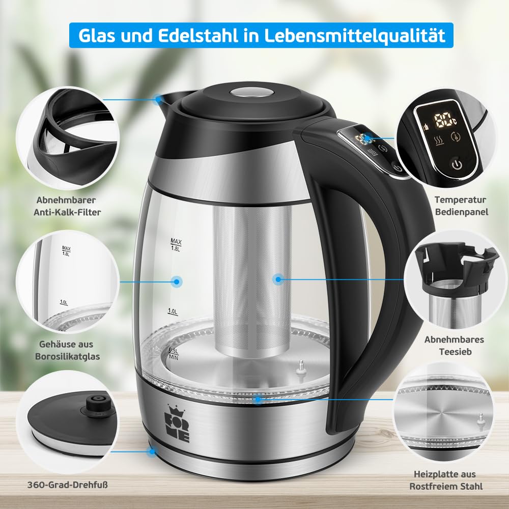 ForMe Glas Wasserkocher 1,8 Temperatureinstellung Temperaturwahl 40°C-100°C Farbwechsel LED I BPA FREI I Temperatur Einstellbar Teekocher Glaskessel Teekessel Glaswasserkocher mit Warmhaltefunktion