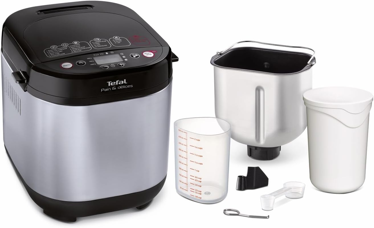 Tefal Brotbackautomat Pain & Délices, 20 Backprogramme, 3 Brotgrößen und Bräunungsstufen einstellbar, auch für Kuchen - Pizza - Nudelteig, Backform antihaftbeschichtet, schwarz/Edelstahl