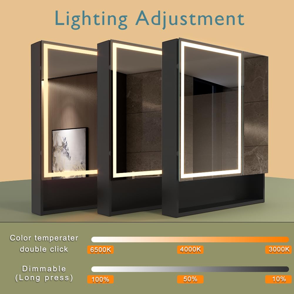 KWW LED Beleuchtetes Badezimmer Medizin Kabinett mit Spiegel, Farbtemperatur Einstellbar, Anti-Nebel Dimmbare Lichter, Steckdosen für USBs (80 x 70 cm)