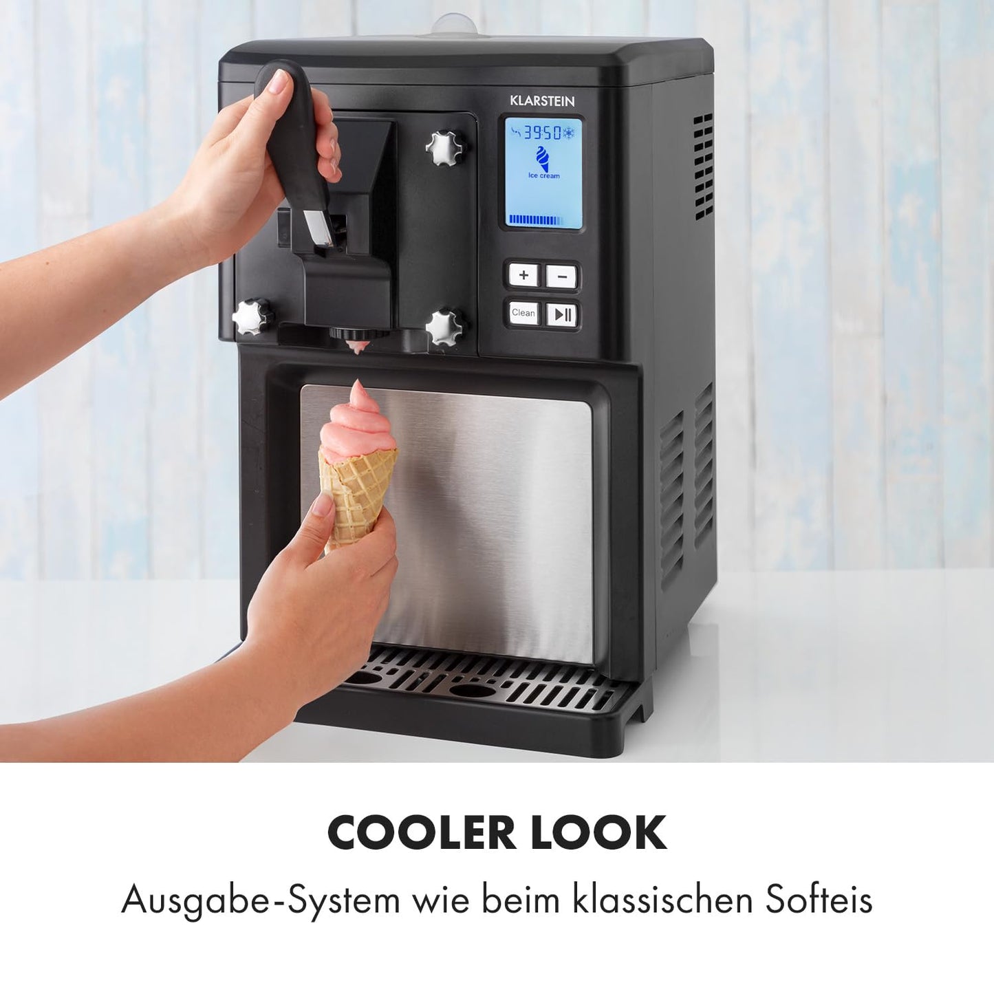 Klarstein Sweet Sundae - Eiscrememaschine, 1,5 Liter, mitselbstkühlendem Kompressor, 200 Watt, Ausgabesystem, 3 StundenAuto-Kühlhaltefunktion, Reinigungsautomatik, Edelstahl, schwarz