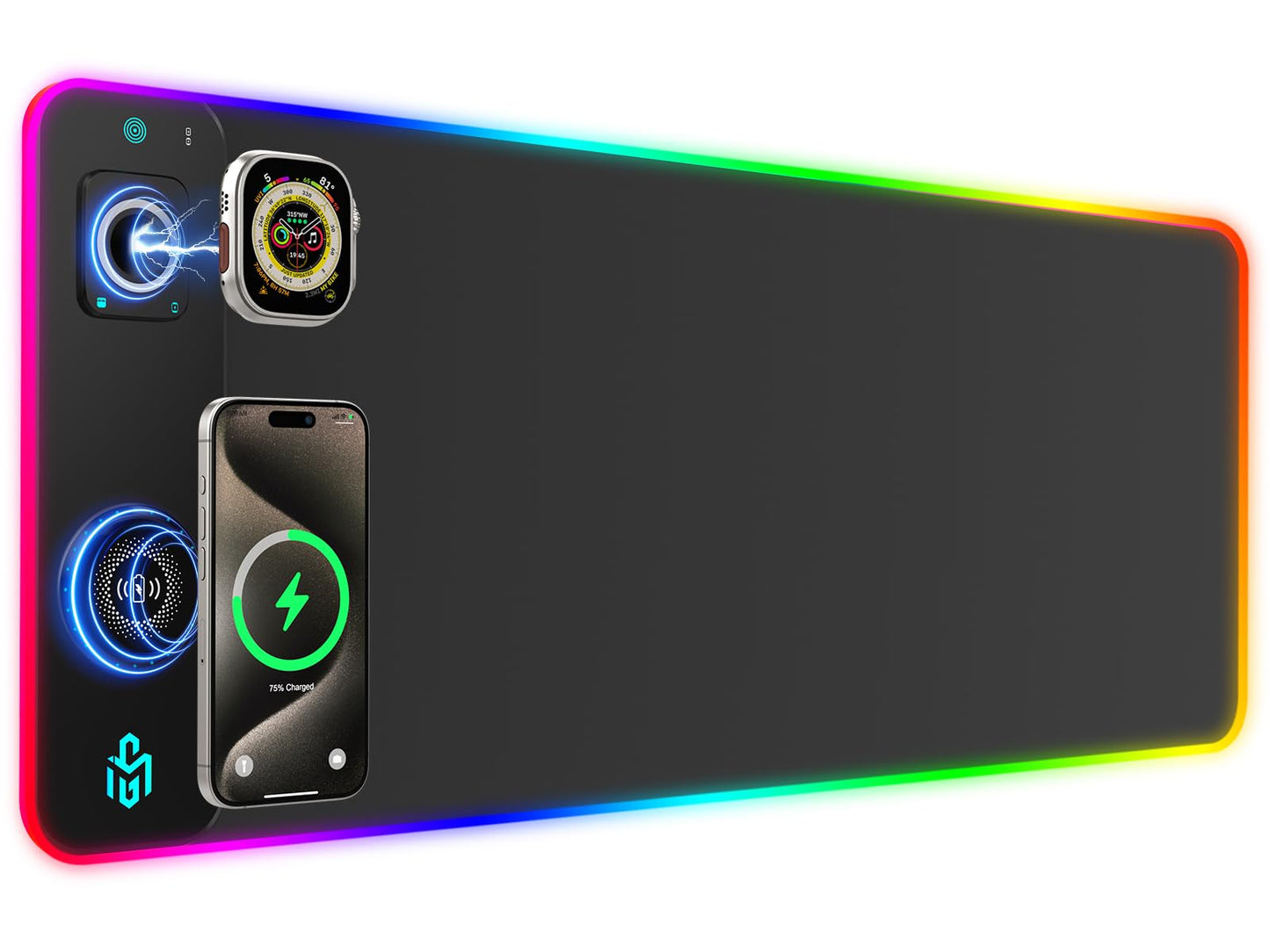 RGB Gaming Mauspad 15W Qi Mousepad LED, 10 Beleuchtungsmodi mit 15W Schnellladung Qi Kabelloses Laden für I-Phone Handy, Kopfhörer, Wasserdicht, rutschfest für Gaming, Schreibtische, PC und Büro