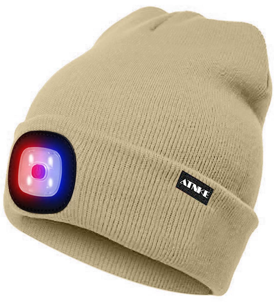 ATNKE LED Beleuchtete Mütze,Wiederaufladbare USB 4 LED Rot und Blau Leuchten Blinkender Laufmütze mit Licht Extrem Heller Lampe Winter Warme für Herren und Damen Geschenke