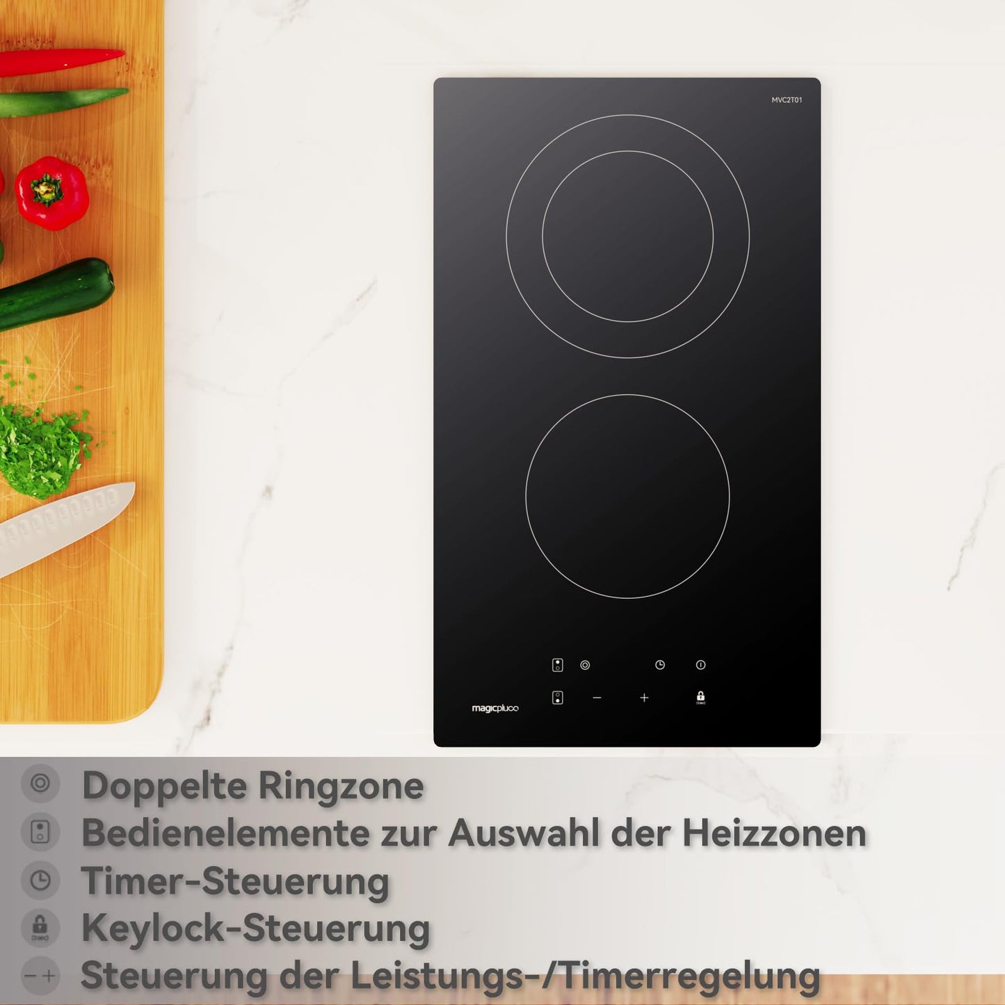 magicplux Glaskeramikkochfeld mit 4 kochfelder 59cm, Duale und Ovale Zonen, 15 Heizstufen, Berührungssteuerung, Kindersicherung, Timer, Geeignet für alle Kochgeschirre, 7200W